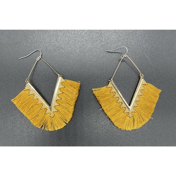 Mustard Gold Tassel Boho Fringe V Earrings New - Picture 1 of 3